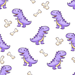 A seamless vector pattern featuring purple TRex dinosaurs and bones © Bagirina Art