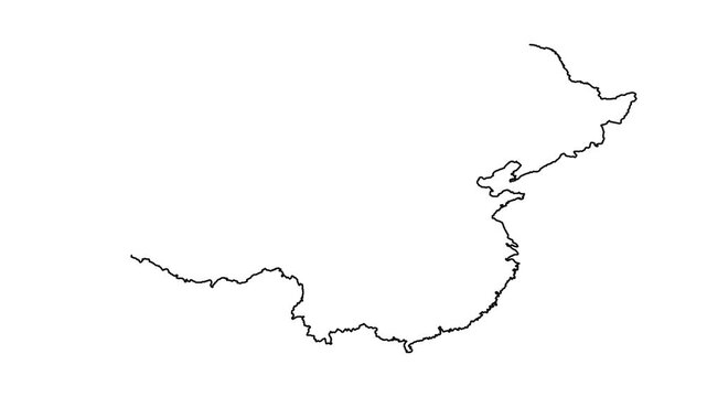 Outline map of China drawing on white background for geography education video animation.