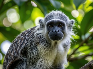 Close up of a black and white fur monkey. It sits on tree branch. Green leaves and sun flare background create soft bokeh effect. Animal gaze curious and attentive. © Vadym