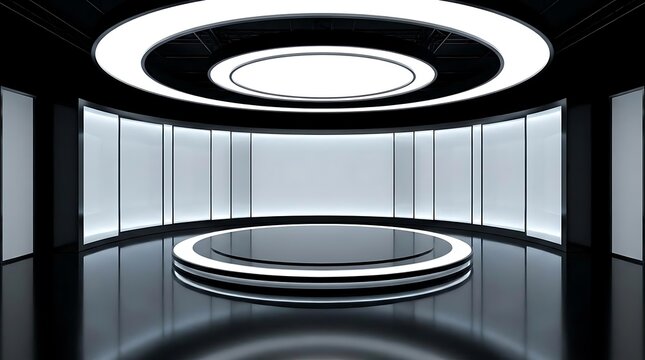 A high-end virtual television set featuring a circular stage with glowing lights and a modern curved background for professional broadcast production studio