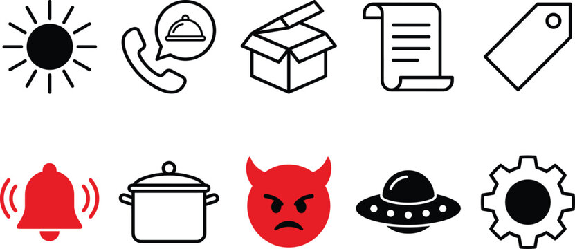 Universal interface icon set with sun delivery box scroll price tag ringing bell pot devil ufo and gear