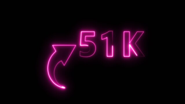 Neon pink glowing text showing 51k count with an upward arrow isolated on black background.