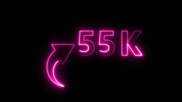 Neon pink glowing 55k number with arrow icon on black background for social media metrics.