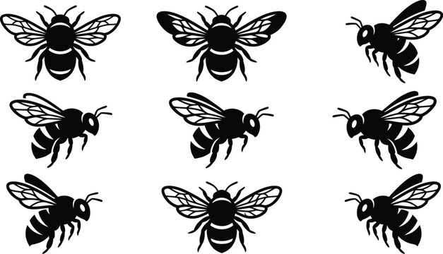 Bumble bee silhouettes vector design set on a white background insect illustrations for nature themes