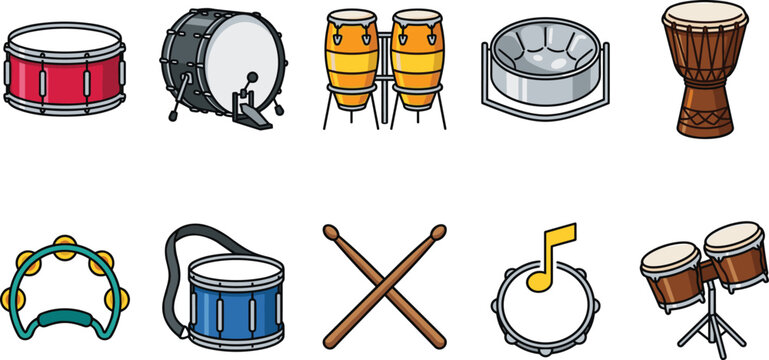 Musical drum and percussion instrument icon set featuring snare bass conga djembe tambourine bongos marching drum and rhythm vector collection