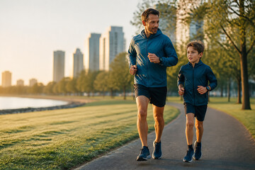 Fototapeta premium Two men are jogging outdoors on a paved path in a park with trees and city buildings in the background.