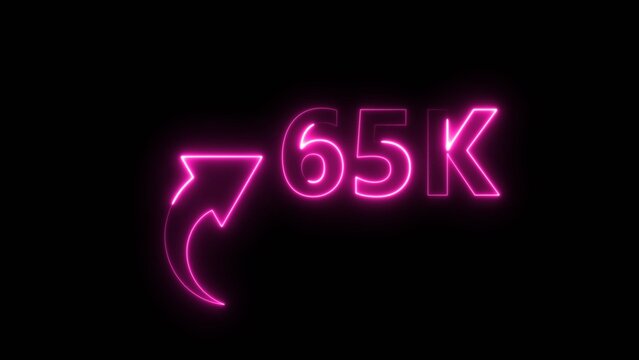 Neon pink glowing 65k followers share icon counter animation isolated on black background.