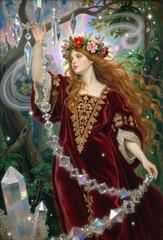 Obraz premium Vertical Renaissance art of woman holding crystal garland in magical forest