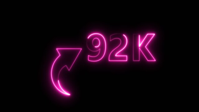 Neon pink light style text ninety two thousand k with arrow symbol on dark black surface.