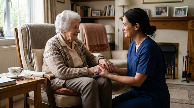 Caring caregiver holding hands with elderly woman in cozy home setting