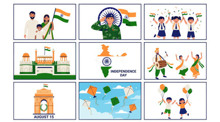 Fototapeta premium Indian Independence Day vector illustration set, August 15 celebration banners with national flag and monuments, patriotic people and soldier icons