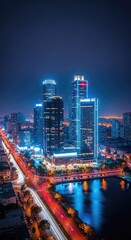 Fototapeta premium High-angle view of a vibrant urban skyline at night with glowing skyscrapers, colorful bokeh lights, and long exposure traffic trail paths, orange, night, downtown