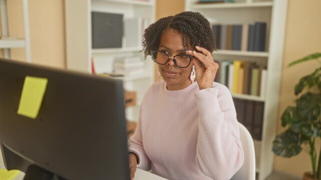 Young african american woman holding glasses at a computer in a building workspace, smiling and looking toward screen; calm confidence.
