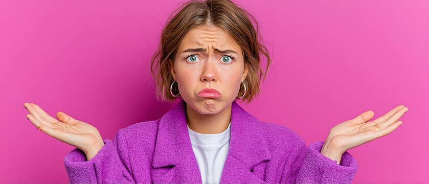 A confused woman in a purple coat gestures helplessly against a vibrant pink background, illustrating bewilderment.