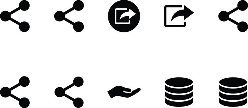 Share button link and database icon set with network connection export arrow hand gesture data storage ui symbols