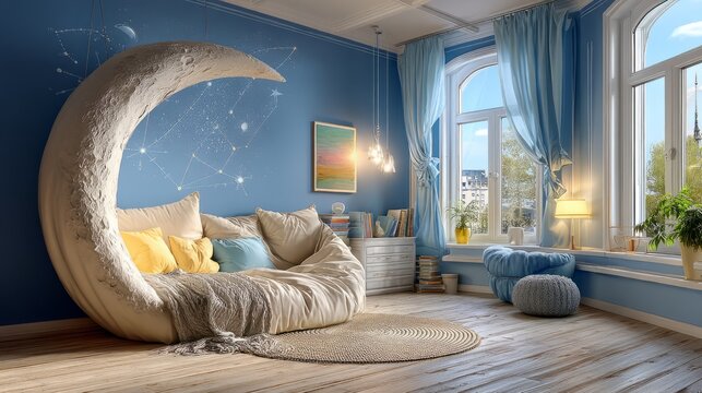 Cozy blue room with crescent moon shaped chair and soft cushions