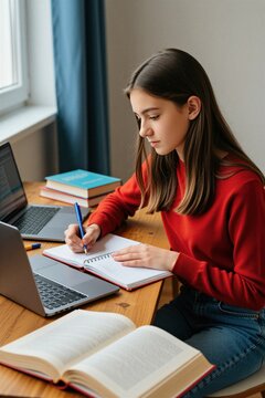 Focused teen girl studies at desk. She writes notes in notebook while using laptop and books for remote learning. Concentration shows dedication to schoolwork.