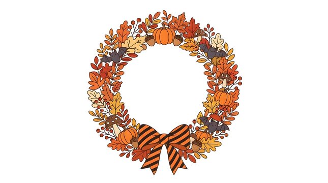 Festive thanksgiving background autumn wreath with pumpkins leaves acorns