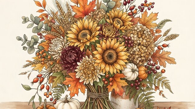 Autumnal thanksgiving background sunflower maple pumpkin floral arrangement