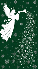 Obraz premium Christmas angel blowing trumpet forms tree with stars and snowflakes