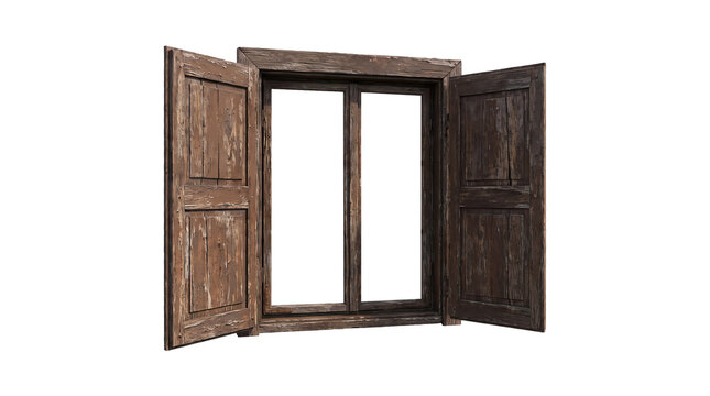wooden frame and open door with glass  isolated on transparent background