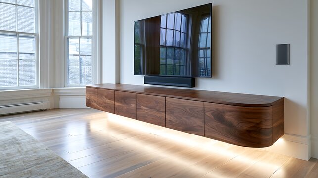 Modern living room interior with a floating wooden media console and wall mounted television.