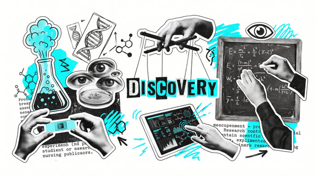 Retro science discovery halftone collage featuring DNA genetics, lab beaker, chemical formulas on blackboard, digital research tablet, eye observation symbols, and vintage cutout scrapbook motifs.