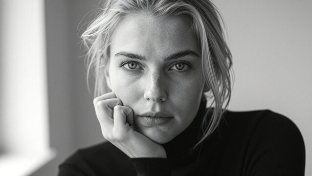 Black and white close up portrait of pensive blonde woman