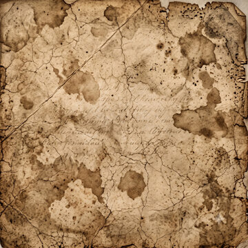 Vintage old parchment paper background texture with creased aged surface and burnt edges