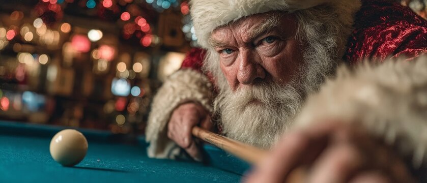 Santa Claus intensely aims a cue at a pool ball against a festive background of blurred lights.