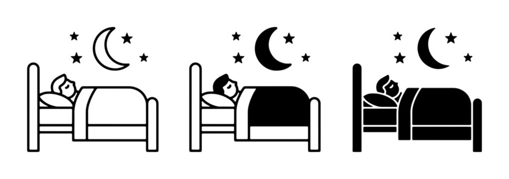 Sleeping Person Icons, Night Sky Moon and Stars, Bedtime Illustrations, Rest and Sleep Concepts, Simple Line Art Graphics