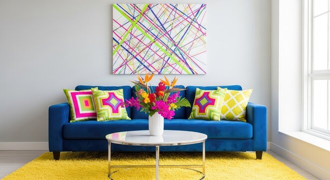 Vibrant dopamine decor blends bold geometric prints with electric colors and plush textures to create a living space at peak happiness, modern, living, velvet