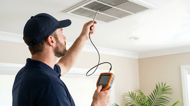 Professional hvac technician performing routine maintenance and diagnostic testing on ceiling air conditioning vent using specialized camera equipment for residential climate control unit.
