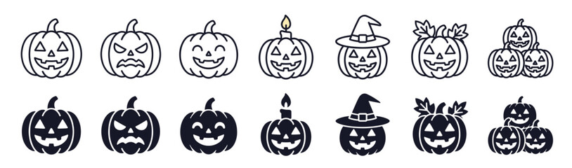 Obraz premium Pumpkins collection presents various jack-o-lantern expressions, witch hats, and leafy adornments in a clean, high-contrast duo-tone vector set for seasonal design.