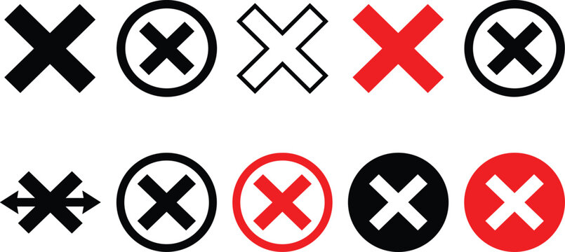 Cross mark icon set with red and black close button delete cancel error wrong reject check negative symbols