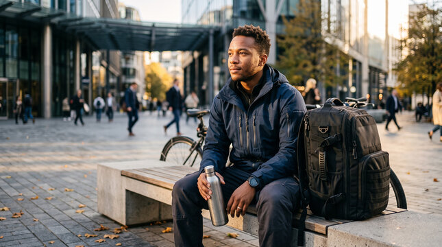 Young digital nomad with backpack taking break in modern urban plaza