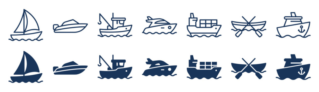 Ships representing diverse maritime transport vessels sail across smooth graphical horizons to illustrate global logistics and oceanic travel concepts.