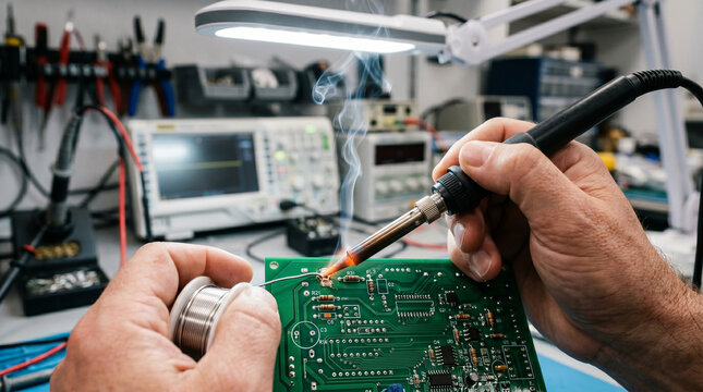 Close up of hands soldering green circuit board with iron in electronics workshop