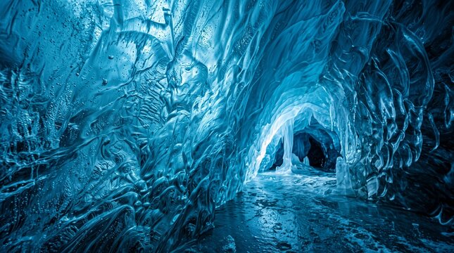 Ice cave interior with blue ice formations and natural lighting  