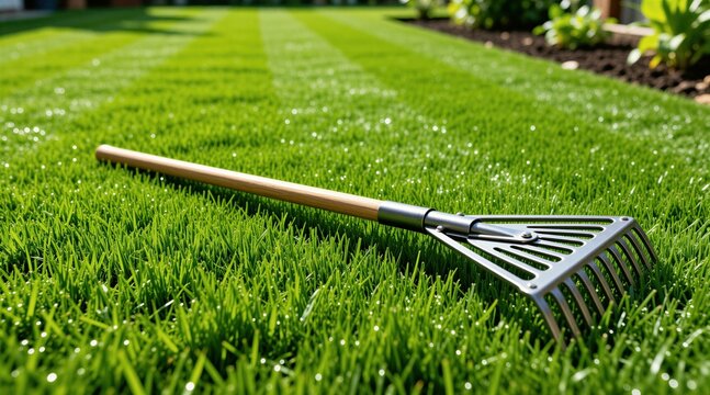 Metal leaf rake with long wooden handle rests on rich green manicured lawn in backyard. Spring seasonal garden maintenance tool lies on cut grass outdoor. Horticulture work home yard improvement