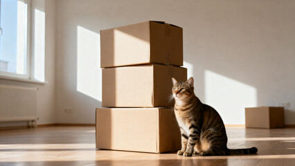 Fototapeta premium A cat sitting beside stacked cardboard moving boxes in a bright empty apartment, relocation with pets concept