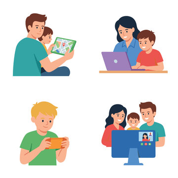 Happy family using technology set with using tablet map working on laptop playing handheld video game and video call on computer vector illustration