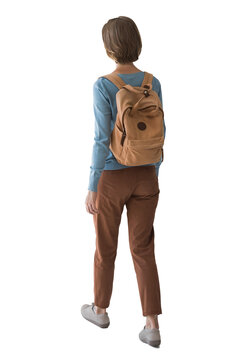 Full length portrait of young woman walking isolated transparent PNG, student girl full body photo PNG with transparent background precisely cut-out with clipping path, back view.