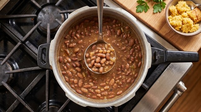 Commercial culinary close-up photography of a hand scooping cooked pinto beans with a metal ladle from an aluminum pressure cooker on a stovetop &ndash; Brazilian home cooking advertisement, packaged beans 