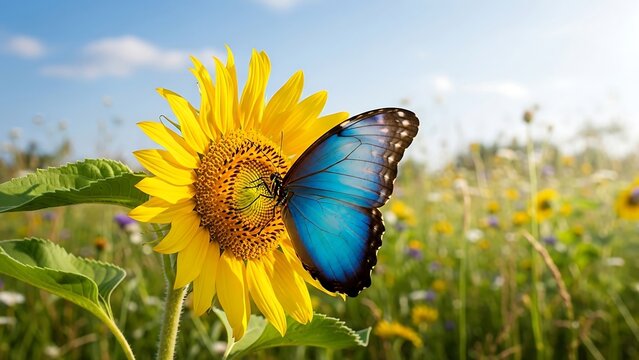 Blue butterfly resting on yellow sunflower in field.