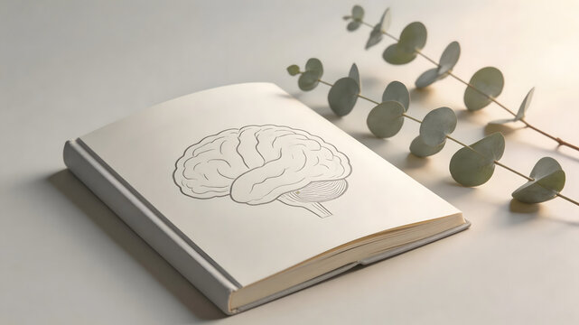 Open book with brain sketch and eucalyptus branch on light background