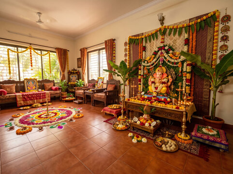 Elegant Ganesh Chaturthi home mandap with decorated Lord Ganesha idol, rangoli and traditional festive decorations