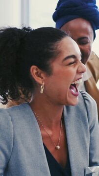 Business, woman and laugh with award in meeting for office clown, employee recognition or support. Corporate, people and funny with trophy at work for humor appreciation, achievement or banter praise