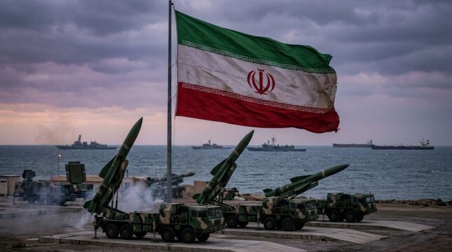 Cruise missiles on the background of the flag of Iran. The concept of a military conflict in the Persian Gulf