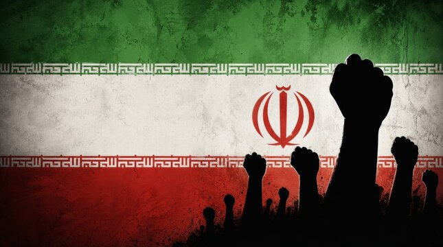 Silhouette of raised arms and clenched fists on the background of the flag of Iran. The concept of power, power, conflict. With place for your text
